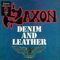 the album cover for Saxon - Denim And Leather [Indie Exclusive Limited Edition Red & Black Splatter LP]
