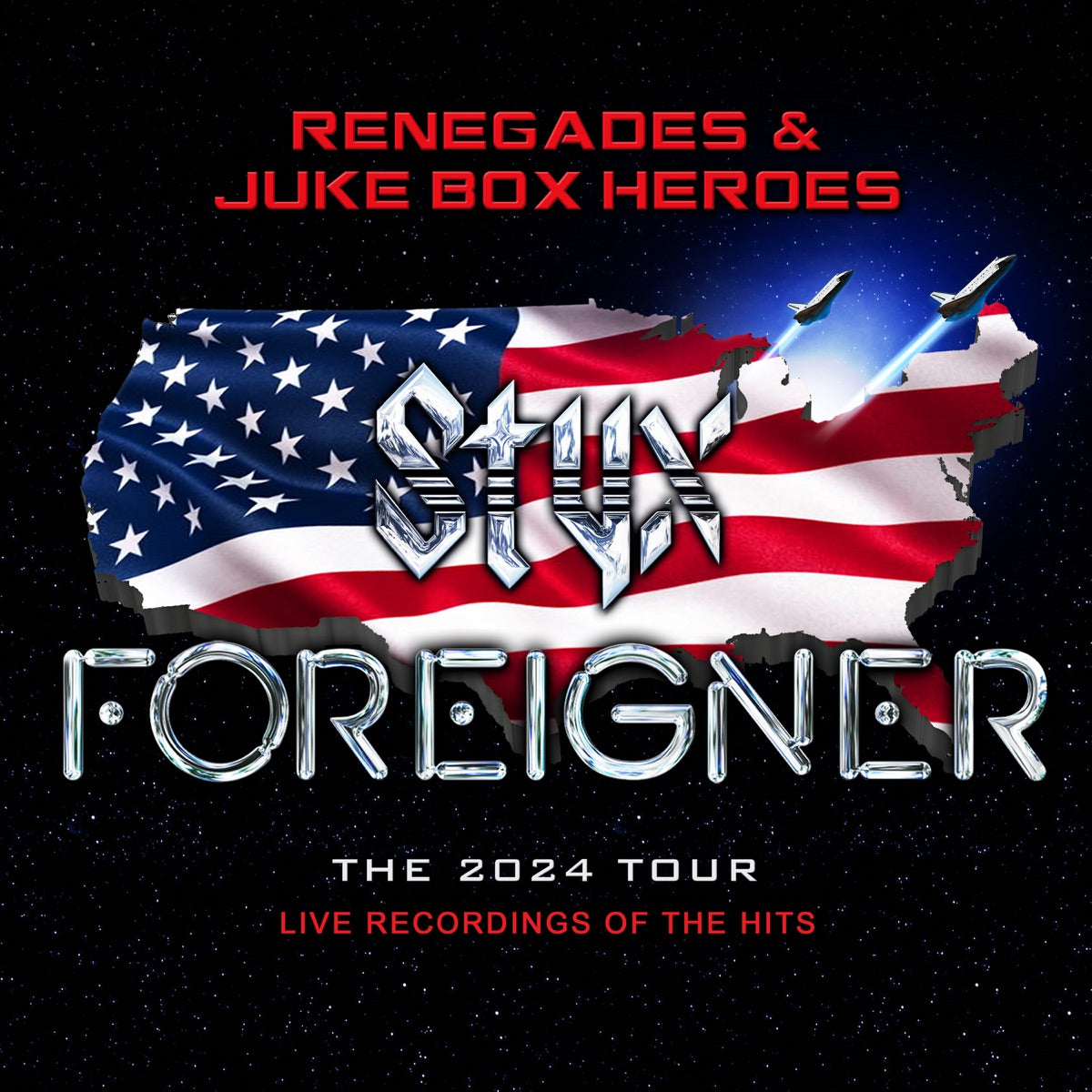 Foreigner & Styx — Renegades & Juke Box Heroes (Live), vinyl LP album cover